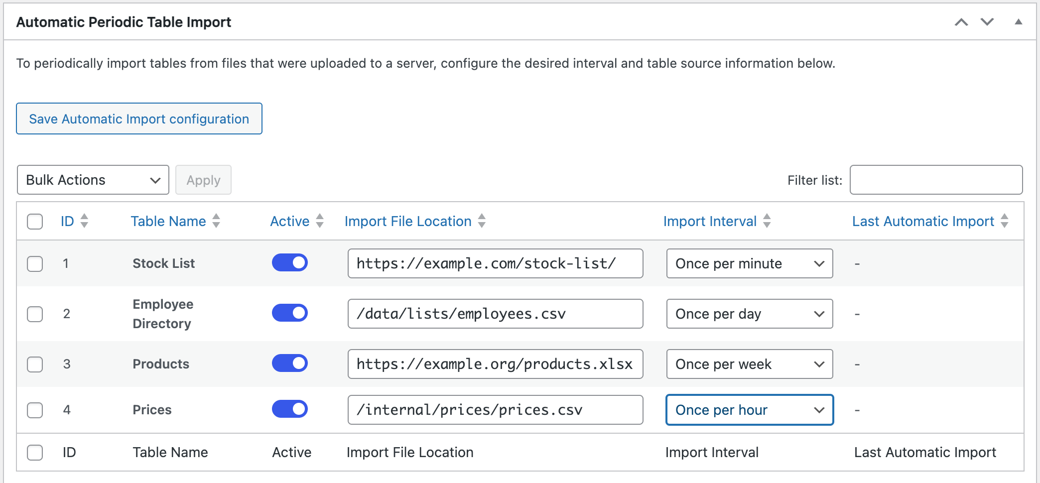 Screenshot of the "Automatic Periodic Table Import" configuration screen in TablePress Max.